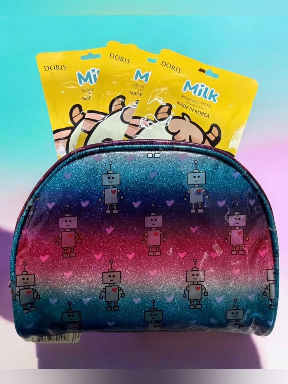 No Boundaries Glitter Robot Cosmetic Pouch & Doris Milk Sheet Masks Set NEW
